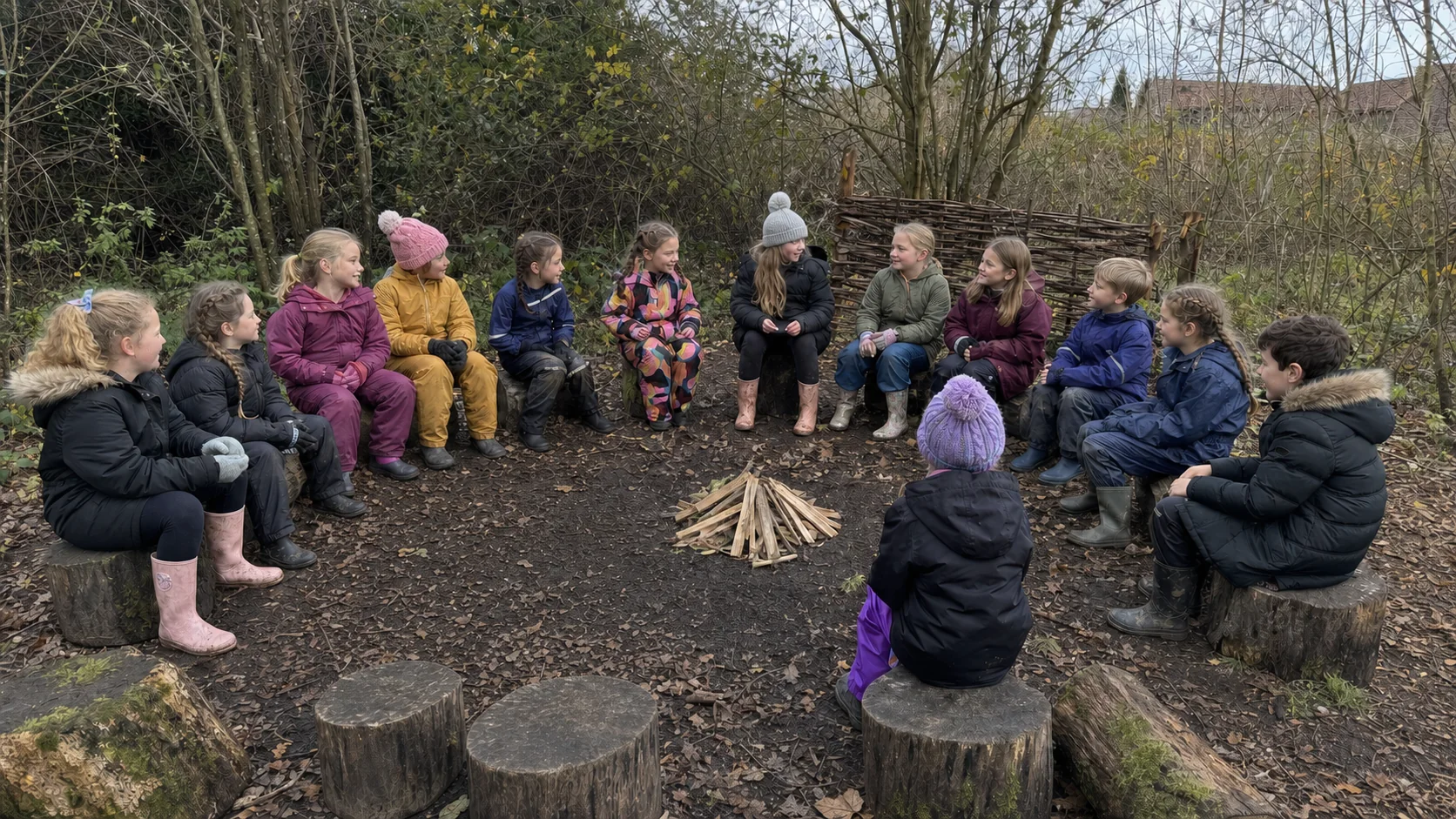 Children exploring a Forest School base camp