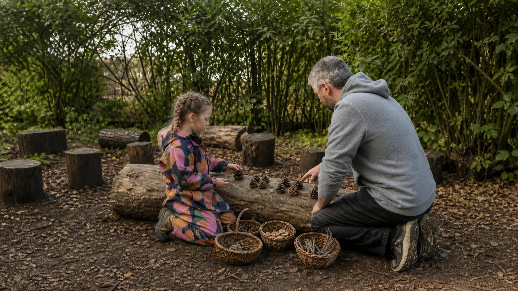 An adult in a grey hoodie and a child exploring groups of pinecones outdoors
