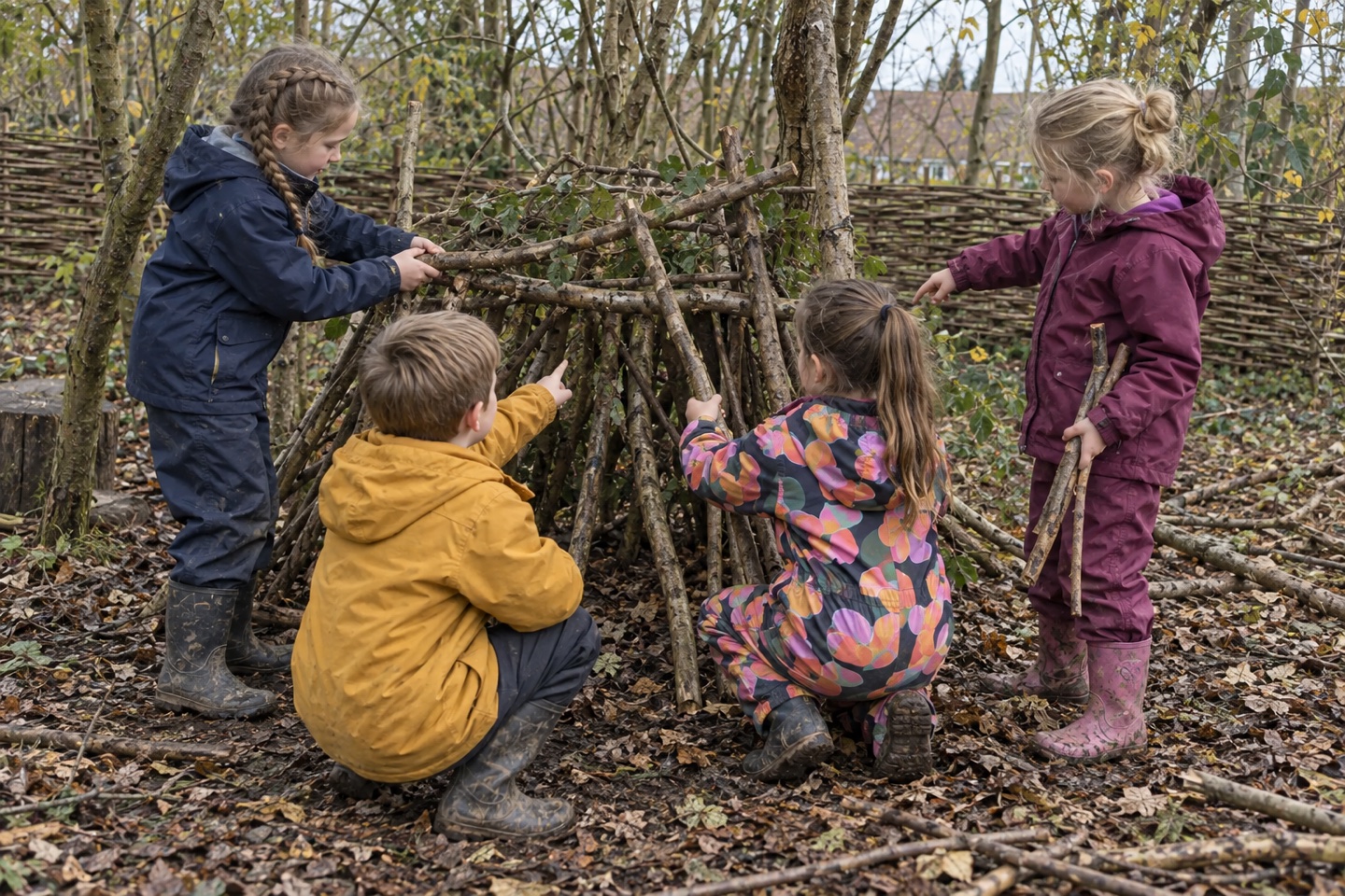 Children working together to build a branch den in a school garden