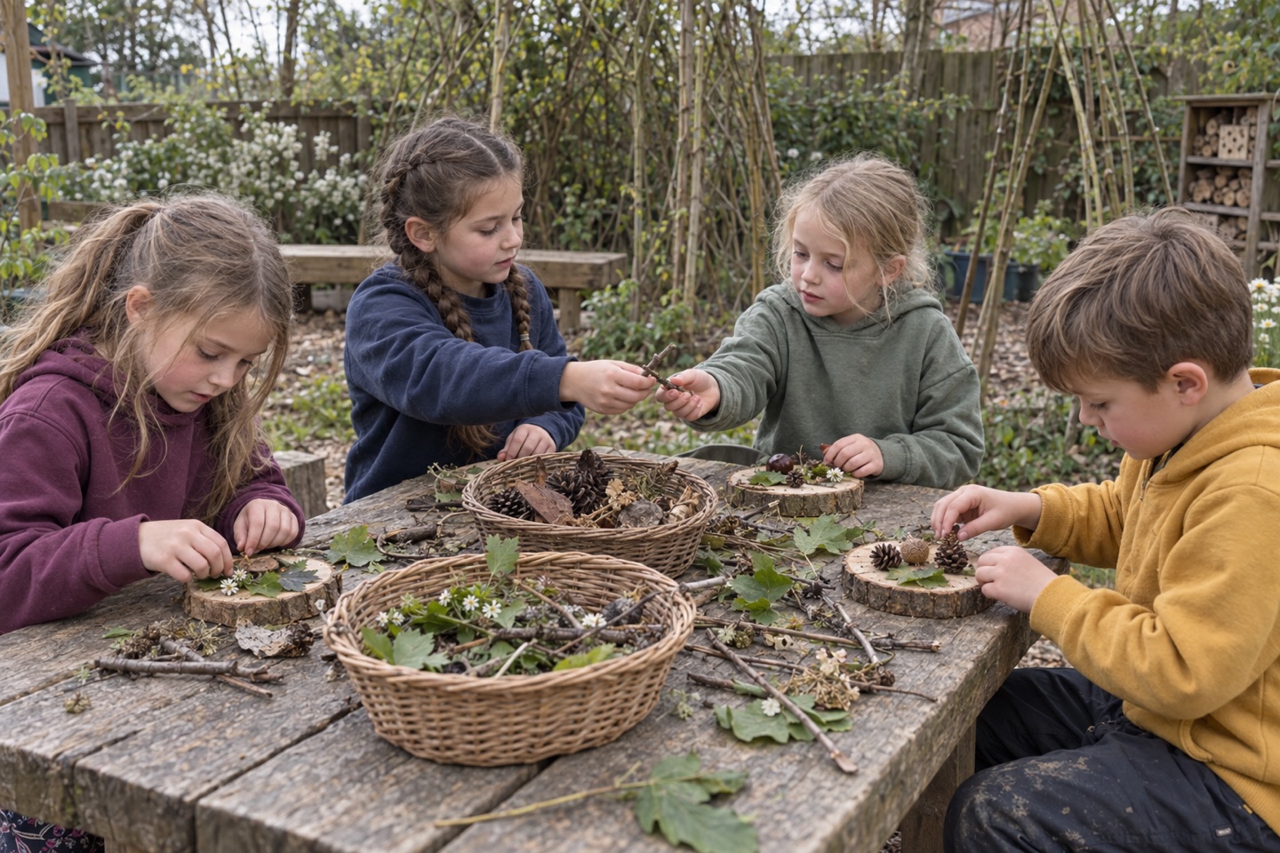 Children making patterns from leaves and natural materials outdoors